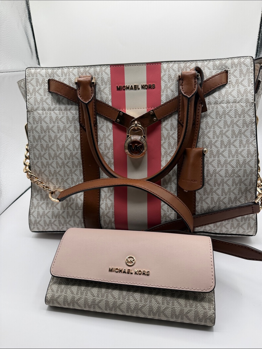 Michael Kors Pink and Cream Stripe Tote with Brown Trim and Matching Wallet